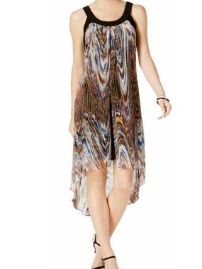 SLNY Marbled high low flutter layer shift chiffon dress L